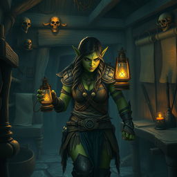 An orc woman with rugged features and green skin, wearing tribal armor, wandering through her dimly lit house holding a flickering oil lamp