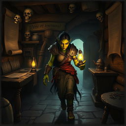 An orc woman with rugged features and green skin, wearing tribal armor, wandering through her dimly lit house holding a flickering oil lamp