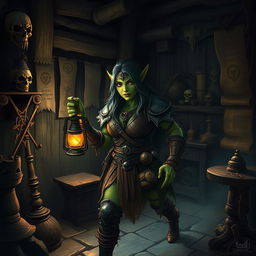 An orc woman with rugged features and green skin, wearing tribal armor, wandering through her dimly lit house holding a flickering oil lamp