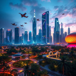 A futuristic cityscape with a vibrant skyline at dusk, featuring towering skyscrapers with neon lights illuminating the scene