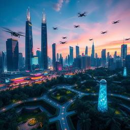 A futuristic cityscape with a vibrant skyline at dusk, featuring towering skyscrapers with neon lights illuminating the scene