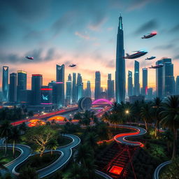 A futuristic cityscape with a vibrant skyline at dusk, featuring towering skyscrapers with neon lights illuminating the scene