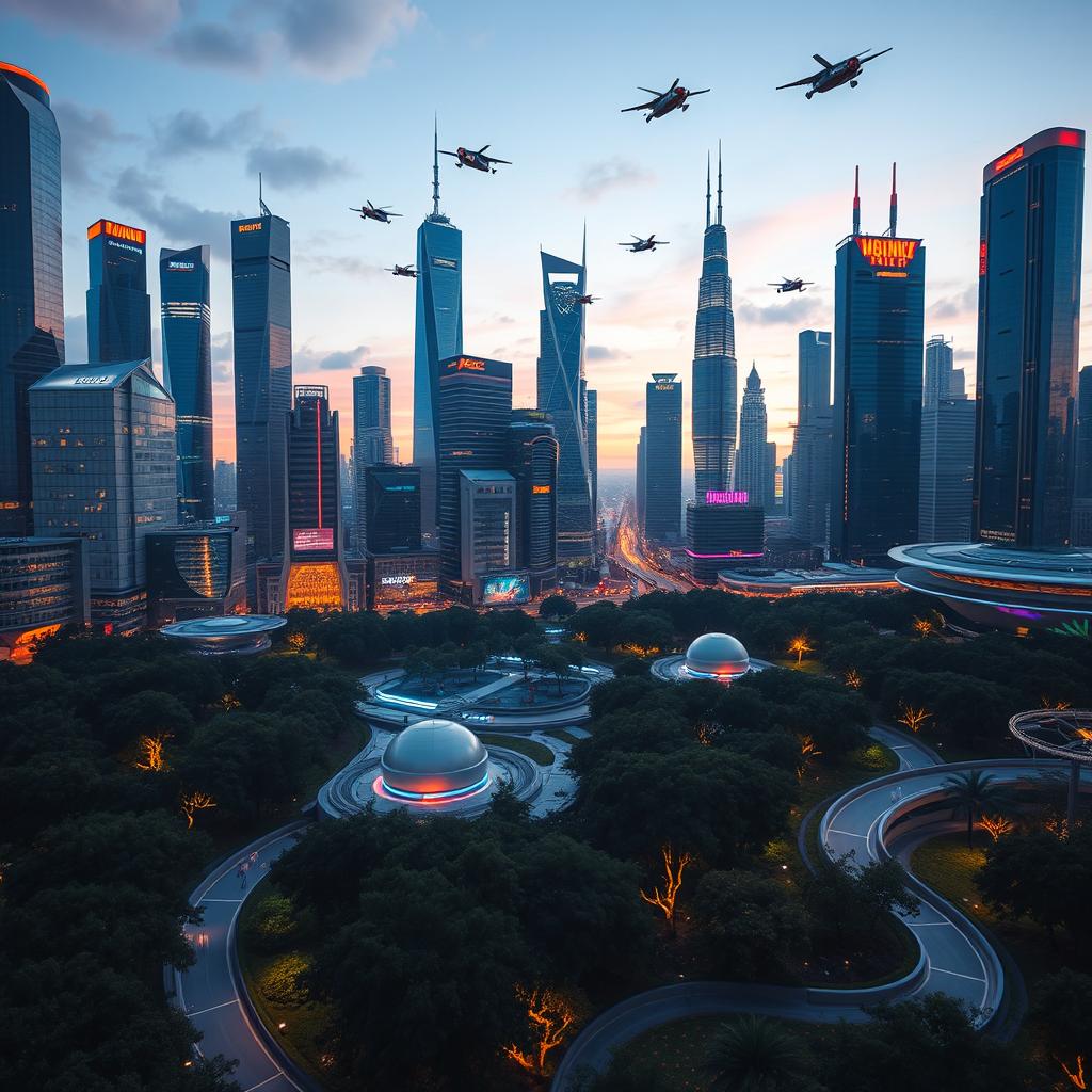 A futuristic cityscape with a vibrant skyline at dusk, featuring towering skyscrapers with neon lights illuminating the scene