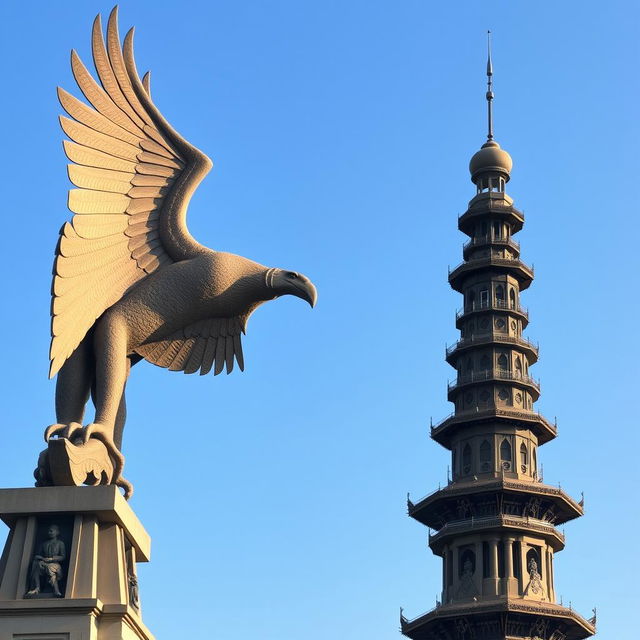 A striking scene featuring the majestic Garuda statue alongside the iconic Menara Siger of Lampung