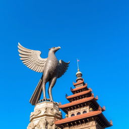 A striking scene featuring the majestic Garuda statue alongside the iconic Menara Siger of Lampung