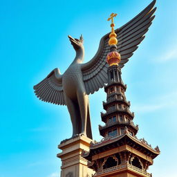 A striking scene featuring the majestic Garuda statue alongside the iconic Menara Siger of Lampung