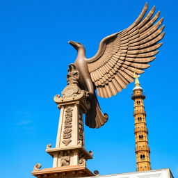 A striking scene featuring the majestic Garuda statue alongside the iconic Menara Siger of Lampung