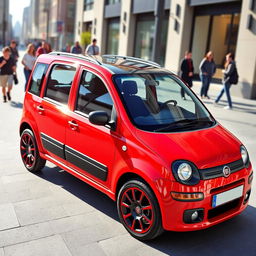 A red Fiat Panda second series 2007 model, featuring a distinctive black roof and black side mirrors