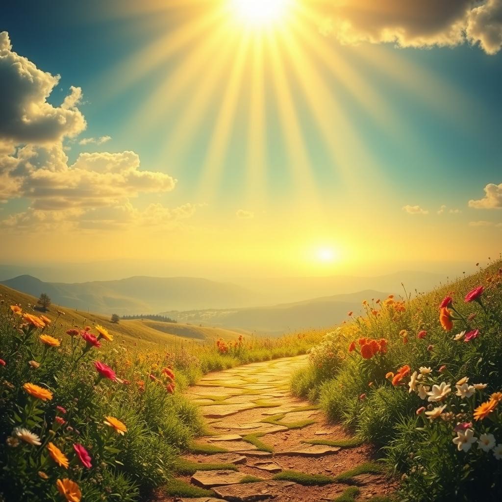 An inspiring image depicting a radiant path surrounded by vibrant life, symbolizing the journey to fulfillment and happiness