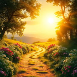 An inspiring image depicting a radiant path surrounded by vibrant life, symbolizing the journey to fulfillment and happiness