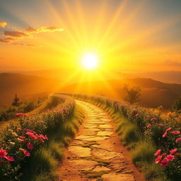 An inspiring image depicting a radiant path surrounded by vibrant life, symbolizing the journey to fulfillment and happiness