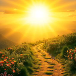 An inspiring image depicting a radiant path surrounded by vibrant life, symbolizing the journey to fulfillment and happiness