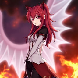 Rias Gremory from High School DxD with a petite body frame, wearing her signature outfit with vibrant red hair cascading down her back