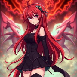 Rias Gremory from High School DxD with a petite body frame, wearing her signature outfit with vibrant red hair cascading down her back