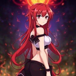 Rias Gremory from High School DxD with a petite body frame, wearing her signature outfit with vibrant red hair cascading down her back