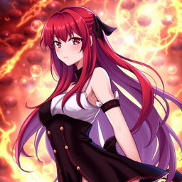 Rias Gremory from High School DxD with a petite body frame, wearing her signature outfit with vibrant red hair cascading down her back