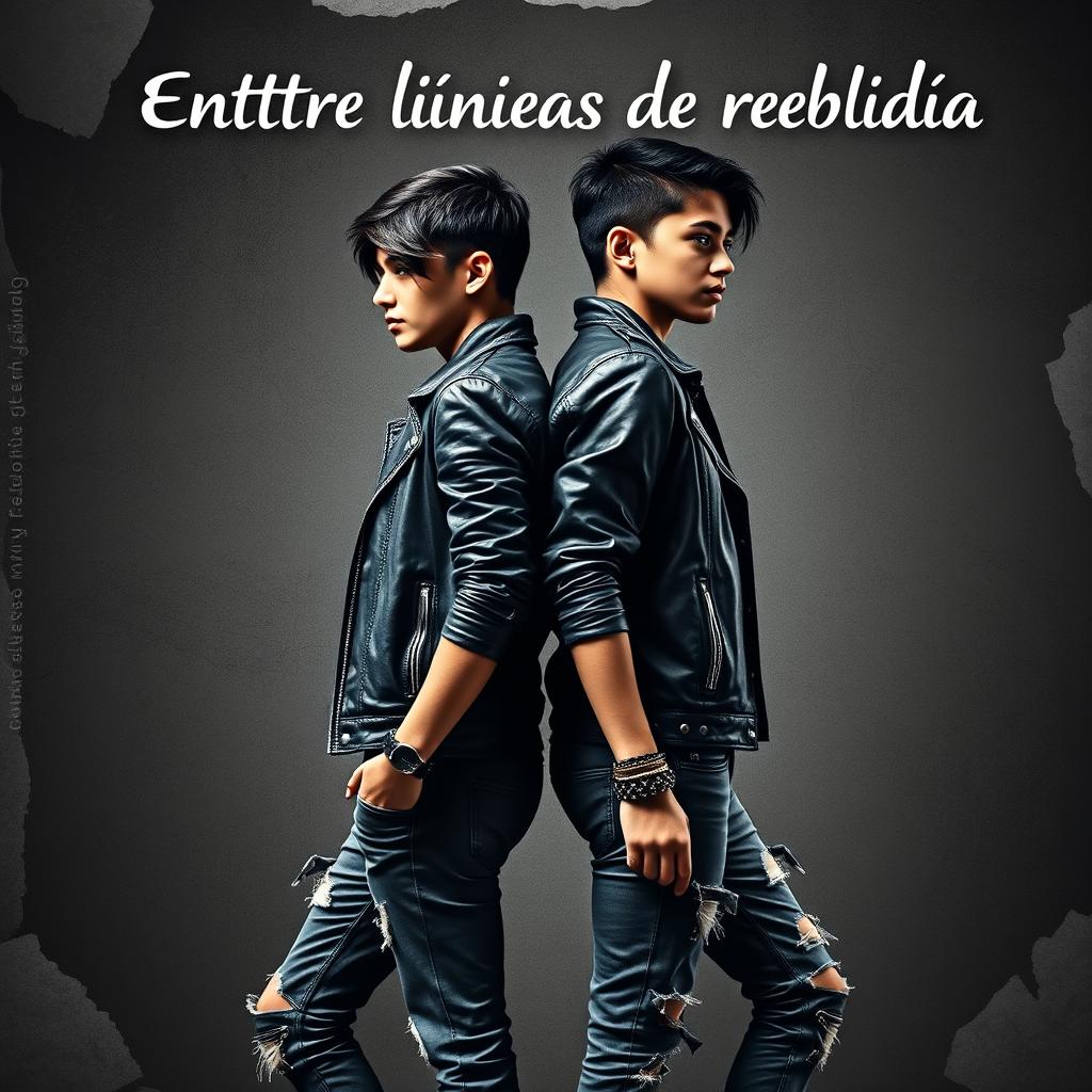 Cover design for a book titled "Entre líneas de rebeldía" featuring two young adults standing back-to-back