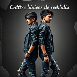 Cover design for a book titled "Entre líneas de rebeldía" featuring two young adults standing back-to-back