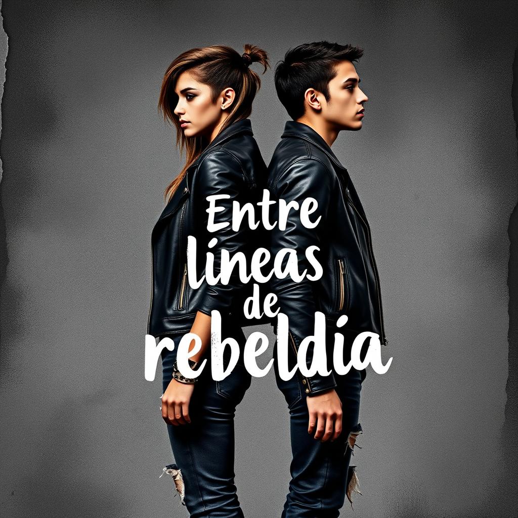 Cover design for a book titled "Entre líneas de rebeldía" featuring two young adults standing back-to-back