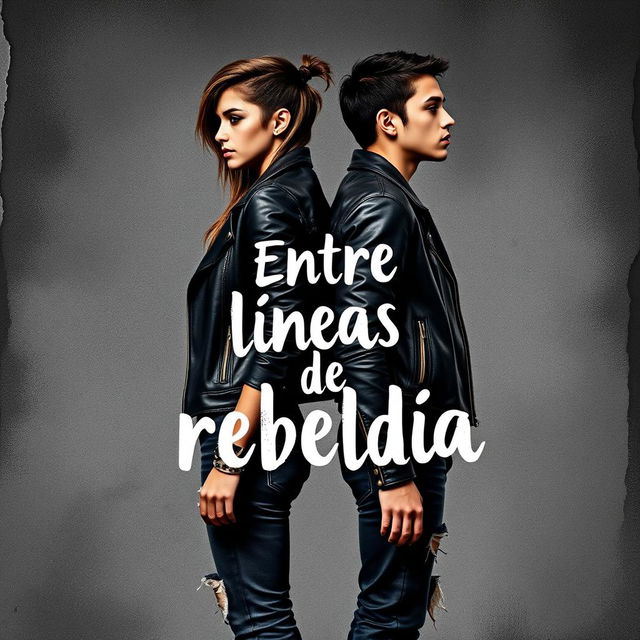 Cover design for a book titled "Entre líneas de rebeldía" featuring two young adults standing back-to-back