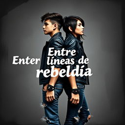 Cover design for a book titled "Entre líneas de rebeldía" featuring two young adults standing back-to-back