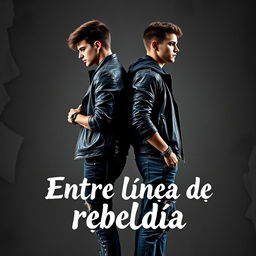 Cover design for a book titled "Entre líneas de rebeldía" featuring two young adults standing back-to-back