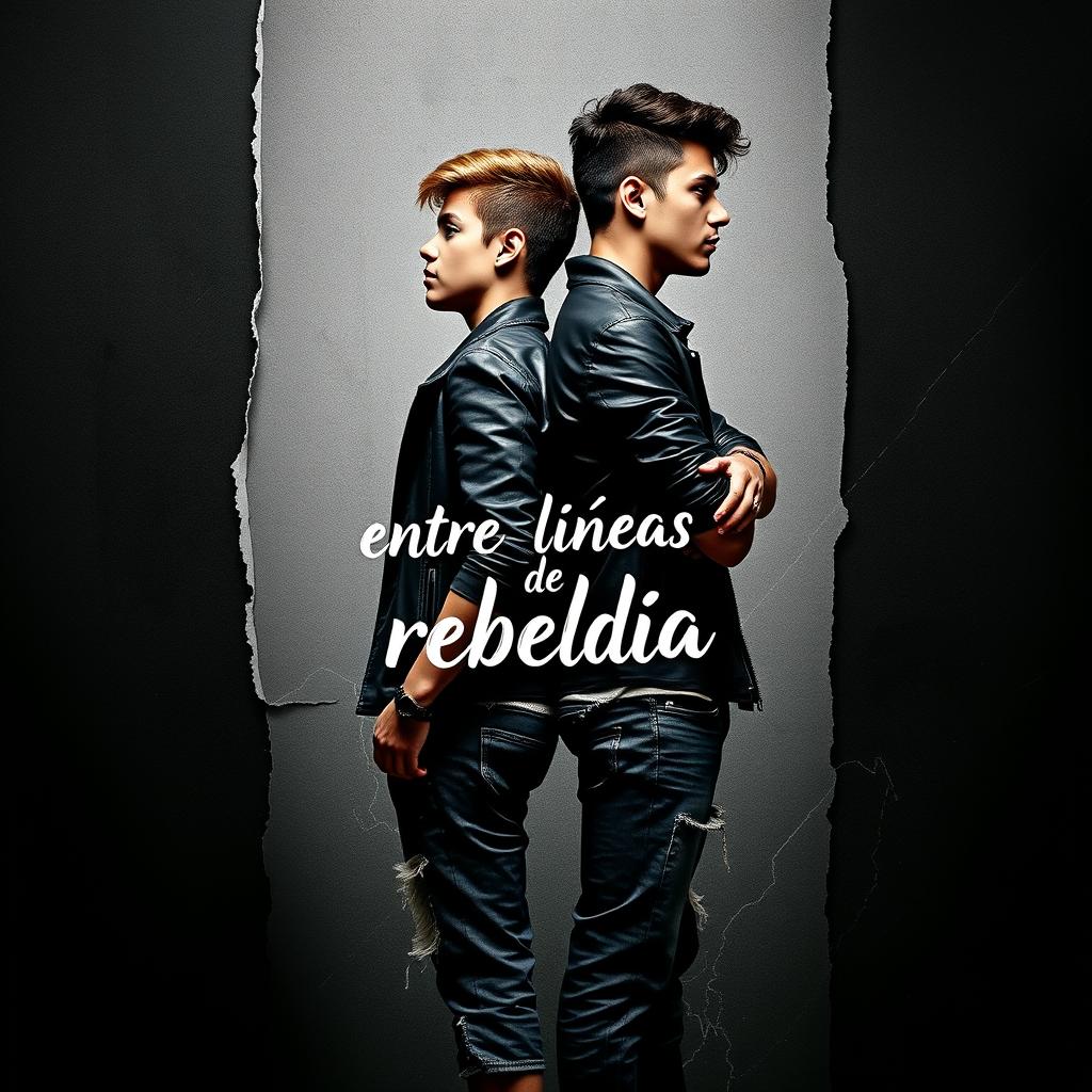 Cover design for a book titled "Entre líneas de rebeldía" featuring two young adults standing back-to-back