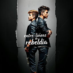 Cover design for a book titled "Entre líneas de rebeldía" featuring two young adults standing back-to-back