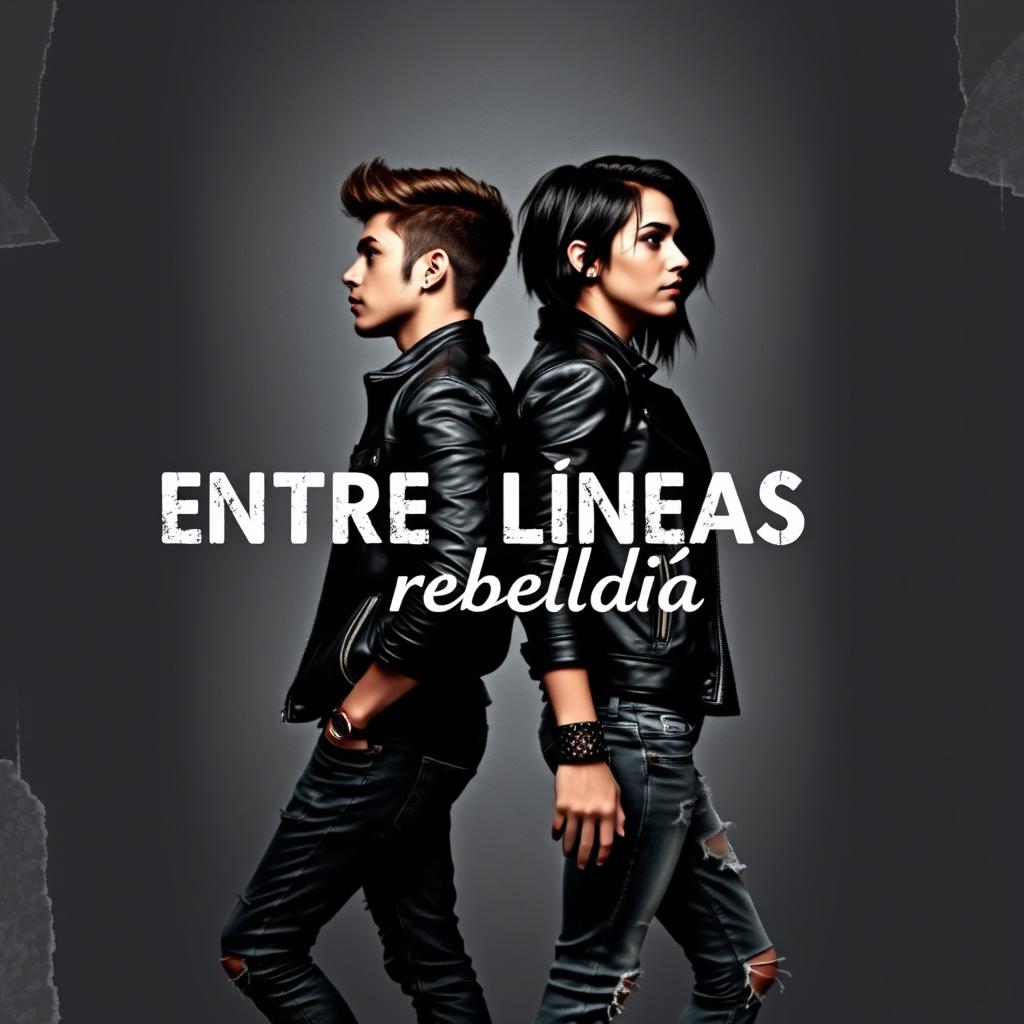 Cover design for a book titled "Entre líneas de rebeldía" featuring two young adults standing back-to-back