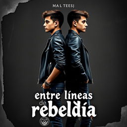 Cover design for a book titled "Entre líneas de rebeldía" featuring two young adults standing back-to-back