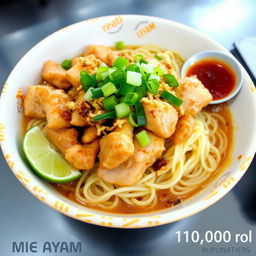 A delicious and inviting bowl of Mie Ayam, priced at 10,000 Indonesian Rupiahs