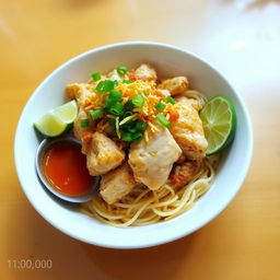 A delicious and inviting bowl of Mie Ayam, priced at 10,000 Indonesian Rupiahs