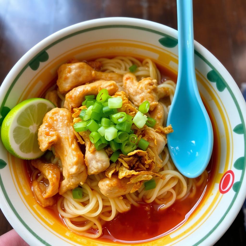 A delicious and inviting bowl of Mie Ayam, priced at 10,000 Indonesian Rupiahs