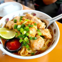 A delicious and inviting bowl of Mie Ayam, priced at 10,000 Indonesian Rupiahs