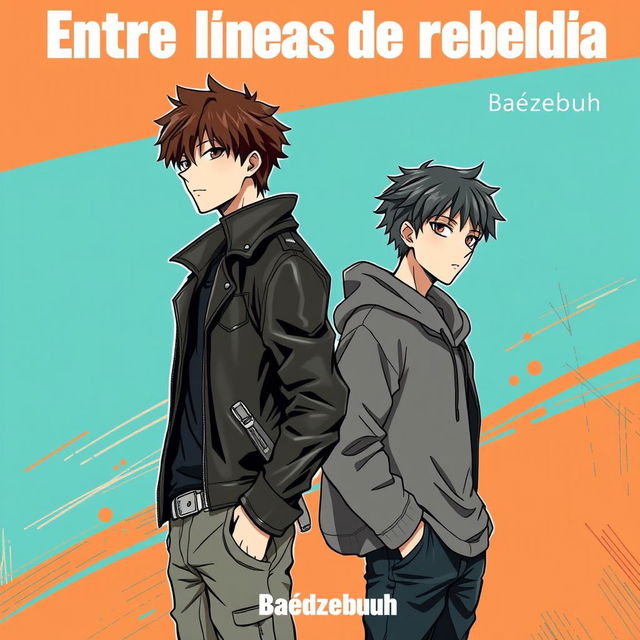 Manga anime style cover for the book titled "Entre líneas de rebeldía" featuring two young male characters standing back-to-back