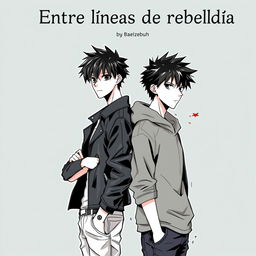 Manga anime style cover for the book titled "Entre líneas de rebeldía" featuring two young male characters standing back-to-back