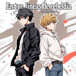 Manga anime style cover for the book titled "Entre líneas de rebeldía" featuring two young male characters standing back-to-back