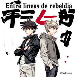 Manga anime style cover for the book titled "Entre líneas de rebeldía" featuring two young male characters standing back-to-back