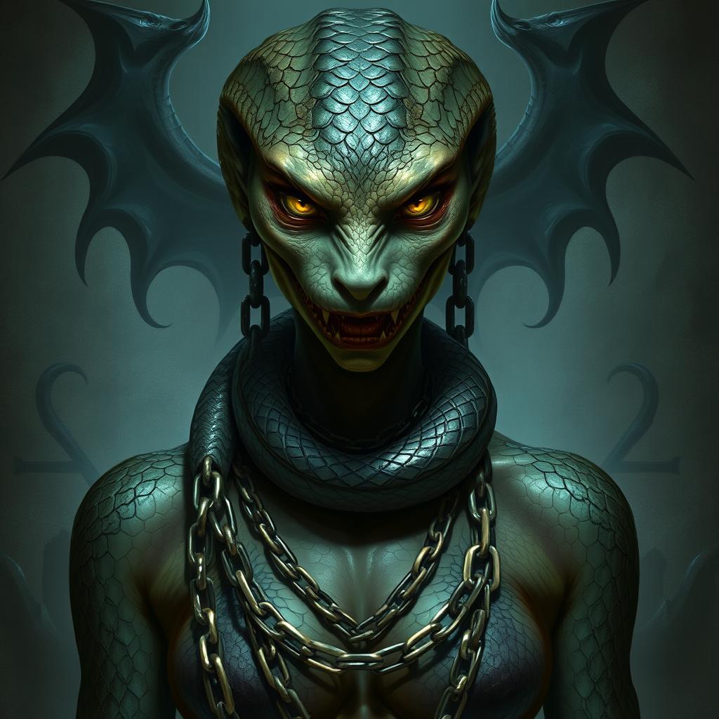 A snakelike woman with serpentine features, her eyes glinting with a menacing glare