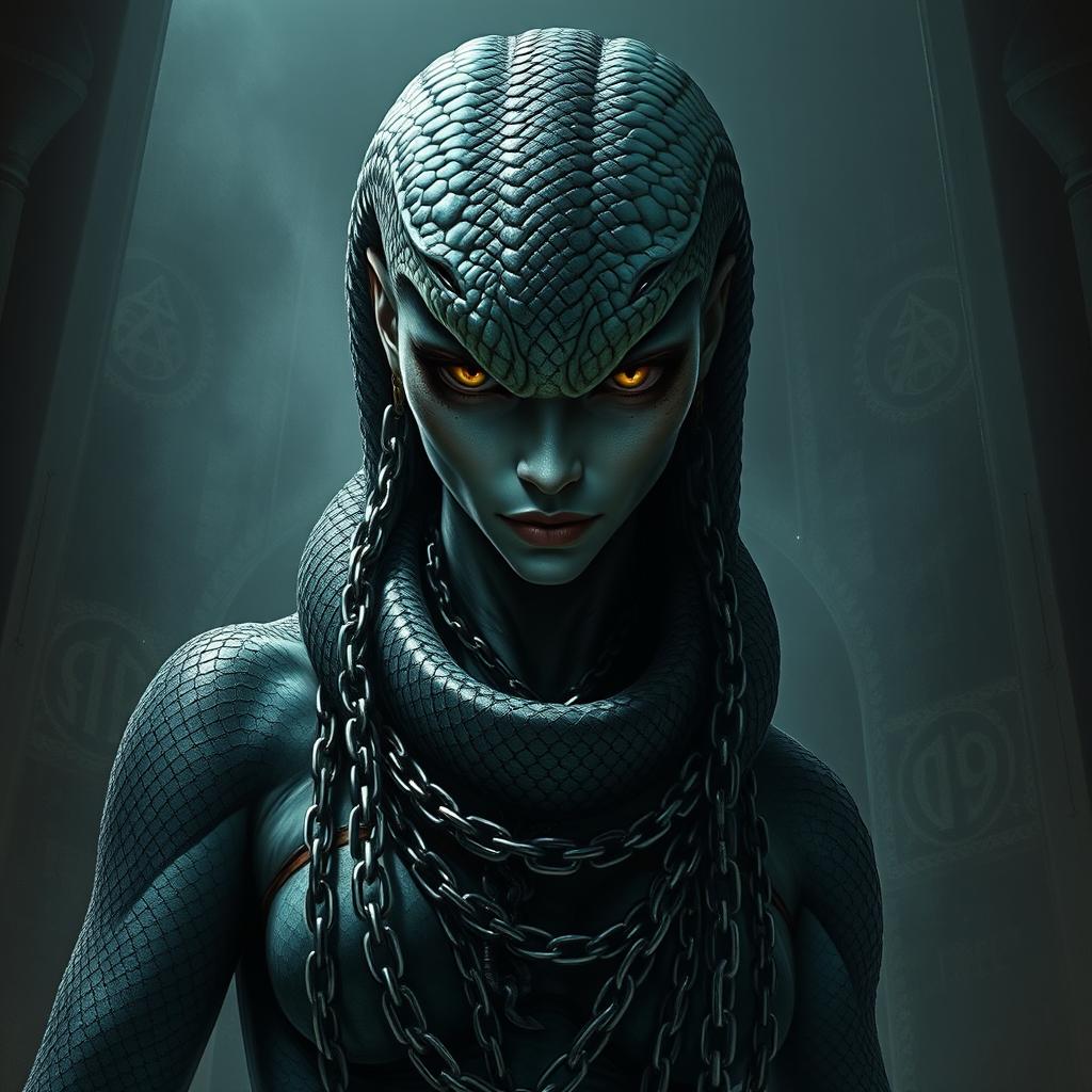 A snakelike woman with serpentine features, her eyes glinting with a menacing glare