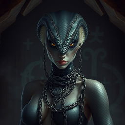 A snakelike woman with serpentine features, her eyes glinting with a menacing glare