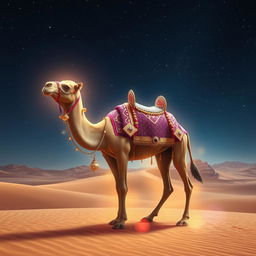 Majestic, mystical camel in an enchanting desert landscape, shimmering under a starlit sky