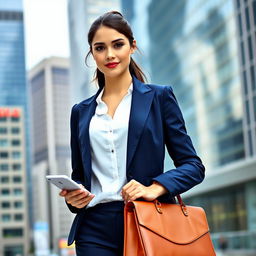 A confident and stylish young businesswoman standing in a modern cityscape, wearing a tailored navy blue suit with a crisp white blouse