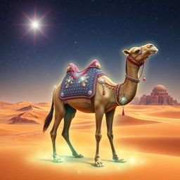 Majestic, mystical camel in an enchanting desert landscape, shimmering under a starlit sky