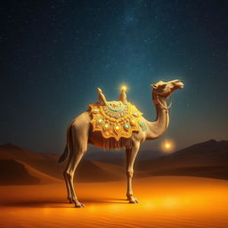 Majestic, mystical camel in an enchanting desert landscape, shimmering under a starlit sky