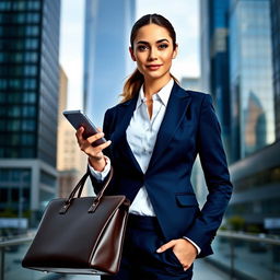 A confident and stylish young businesswoman standing in a modern cityscape, wearing a tailored navy blue suit with a crisp white blouse