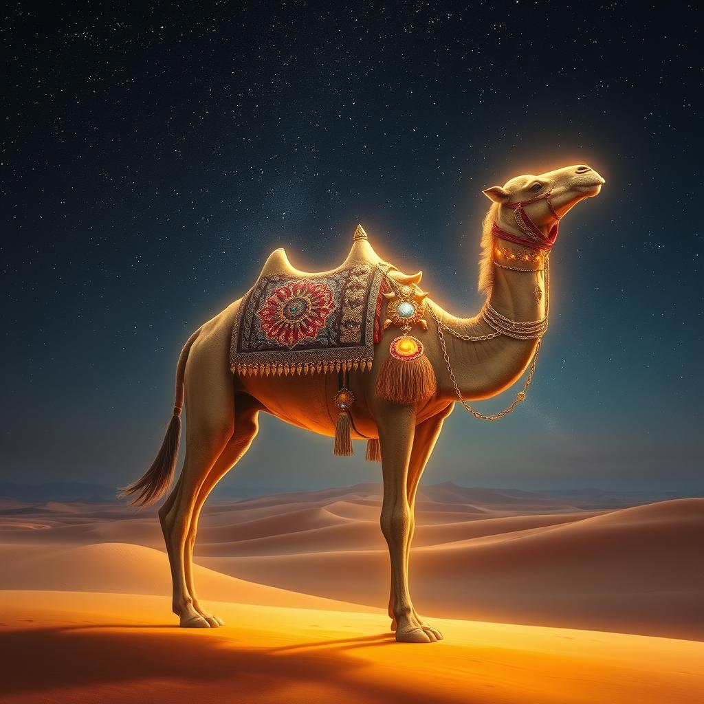 Majestic, mystical camel in an enchanting desert landscape, shimmering under a starlit sky