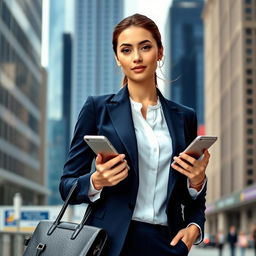 A confident and stylish young businesswoman standing in a modern cityscape, wearing a tailored navy blue suit with a crisp white blouse