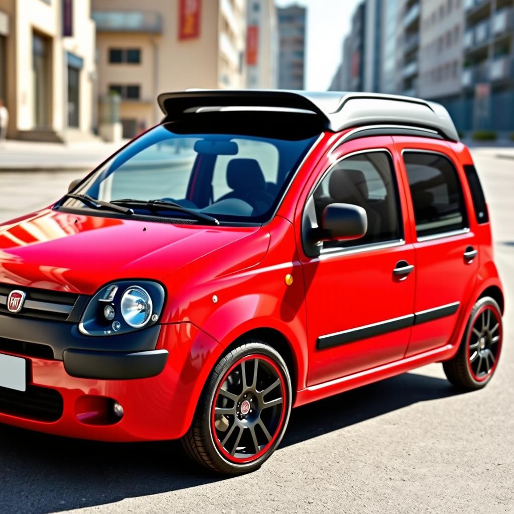 A red Fiat Panda second series 2007 model with a sleek and stylish black roof, complemented by black side mirrors