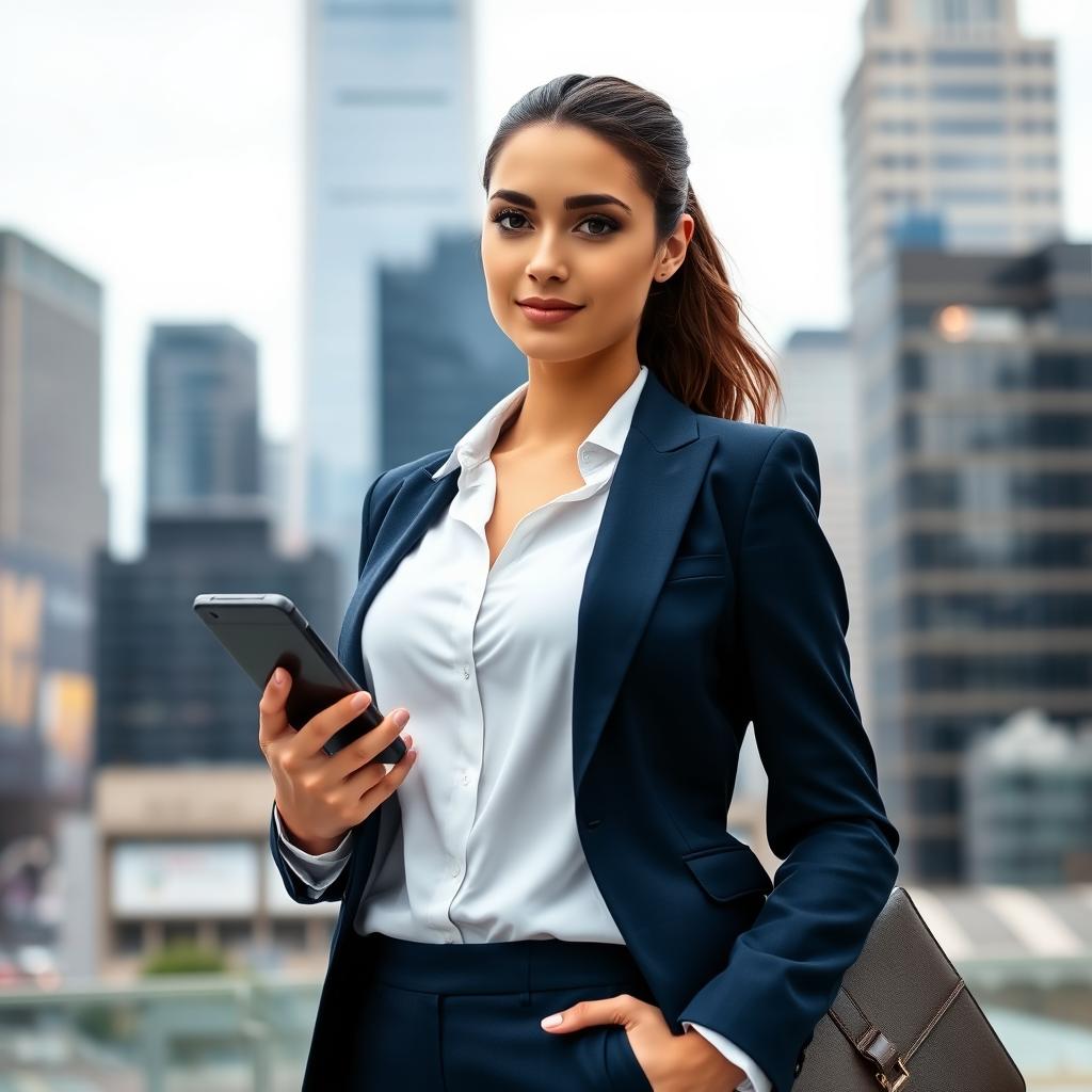 A confident and stylish young businesswoman standing in a modern cityscape, wearing a tailored navy blue suit with a crisp white blouse